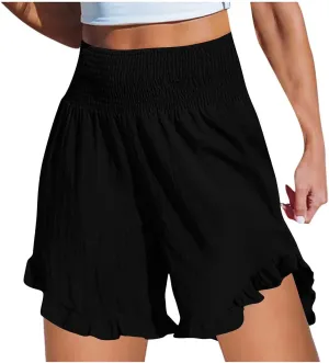 Casual Shorts for Women Summer Cotton Linen Short Pants High Waist Ruffle Hem Beach Shorts Flowy Shorts with Pockets