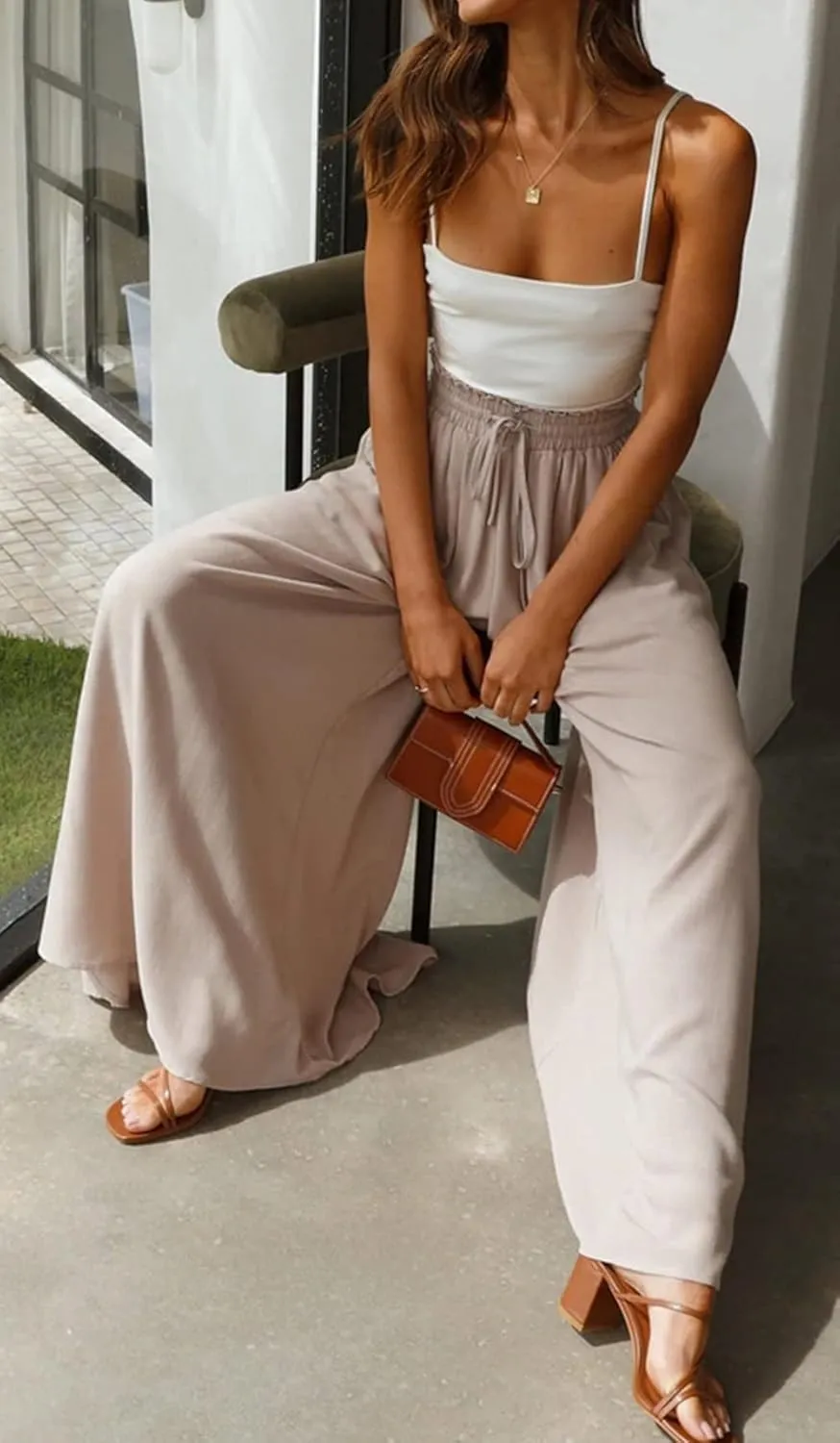 CHARTOU Women's Comfy Drawstring High Waist Wide Leg Casual Palazzo Culottes Pants