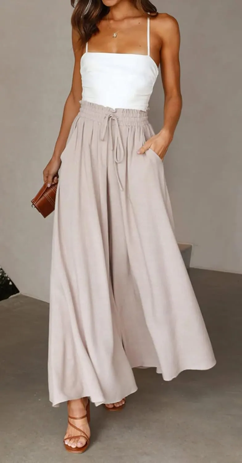 CHARTOU Women's Comfy Drawstring High Waist Wide Leg Casual Palazzo Culottes Pants