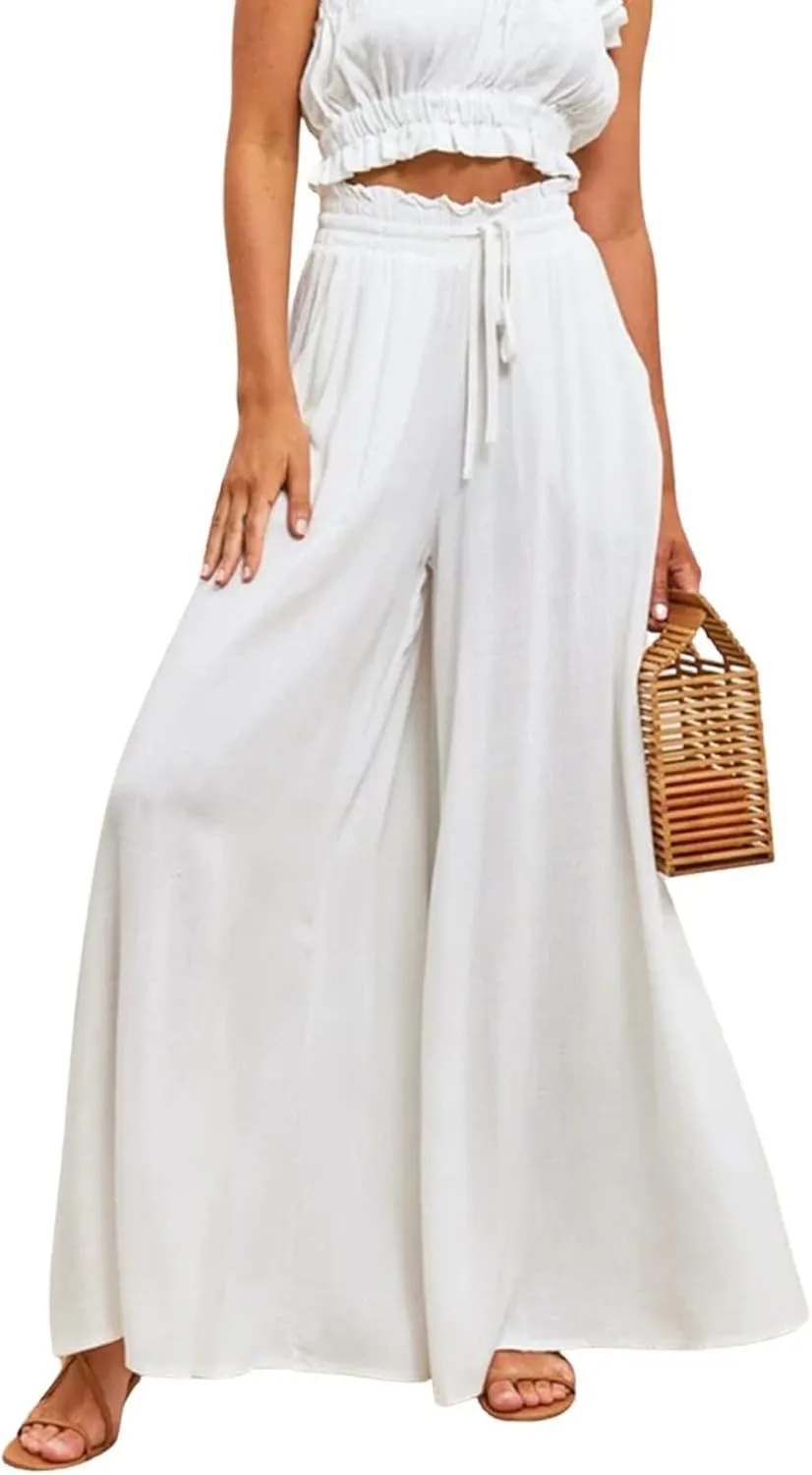 CHARTOU Women's Comfy Drawstring High Waist Wide Leg Casual Palazzo Culottes Pants