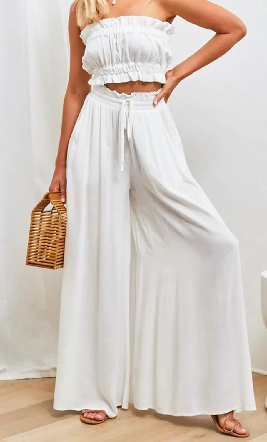 CHARTOU Women's Comfy Drawstring High Waist Wide Leg Casual Palazzo Culottes Pants