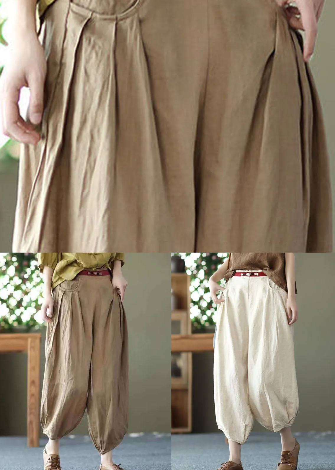 Chic Beige Pockets Wrinkled Patchwork Linen Harem Pants Summer LY0592