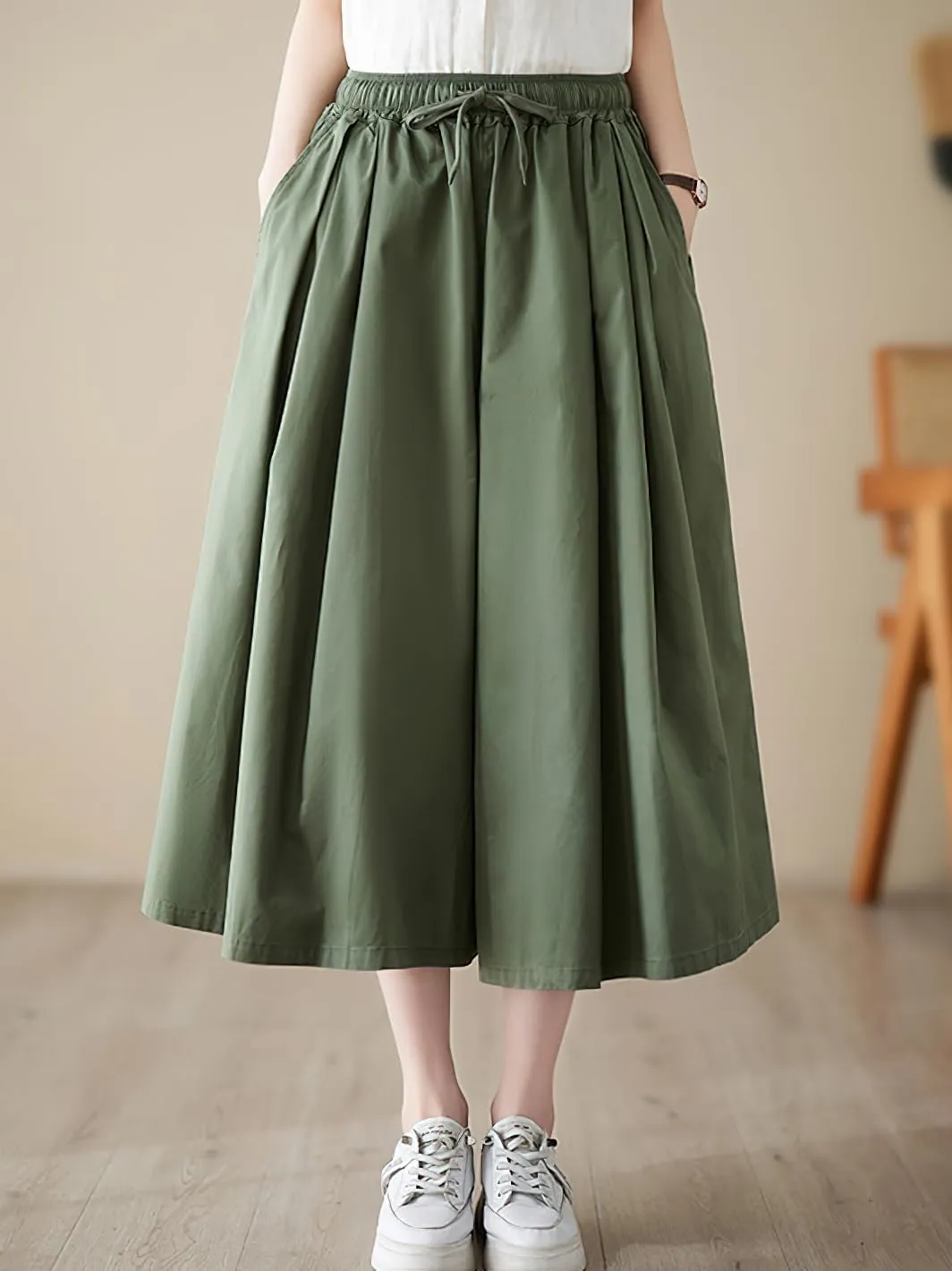 chouyatou Women's Summer Casual Cotton Culottes Pants Drawstring Wide Leg Capri Palazzo Pants