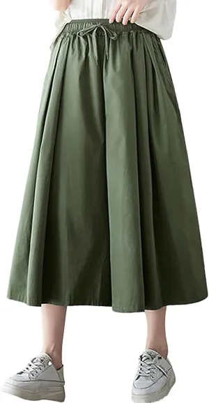 chouyatou Women's Summer Casual Cotton Culottes Pants Drawstring Wide Leg Capri Palazzo Pants