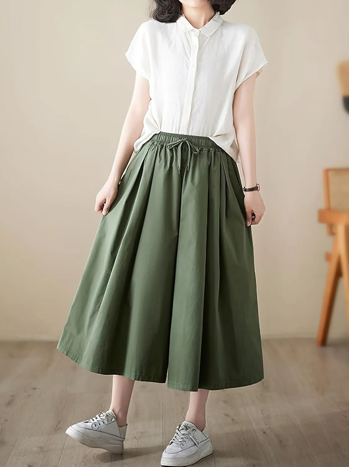 chouyatou Women's Summer Casual Cotton Culottes Pants Drawstring Wide Leg Capri Palazzo Pants