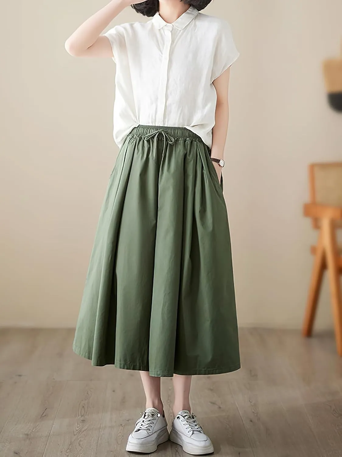 chouyatou Women's Summer Casual Cotton Culottes Pants Drawstring Wide Leg Capri Palazzo Pants