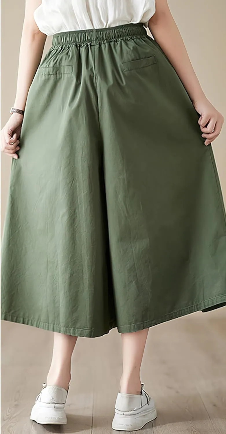 chouyatou Women's Summer Casual Cotton Culottes Pants Drawstring Wide Leg Capri Palazzo Pants