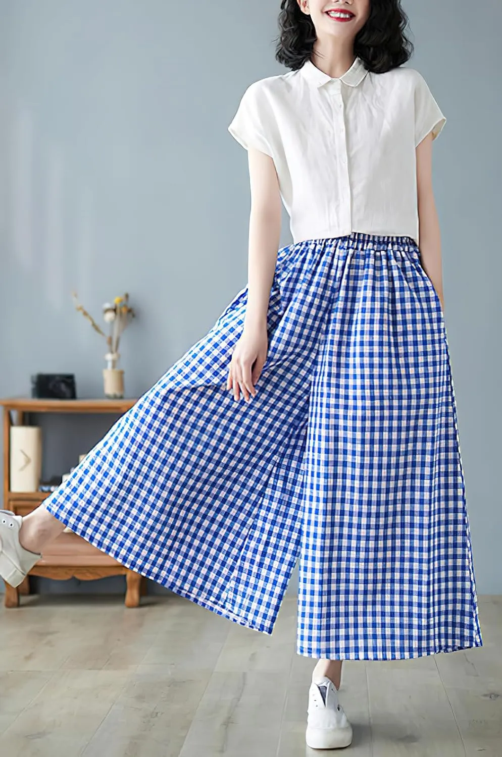 chouyatou Women's Summer Casual Cotton Linen Pants Culottes Plaid Gingham Wide Leg Capri Palazzo Pants
