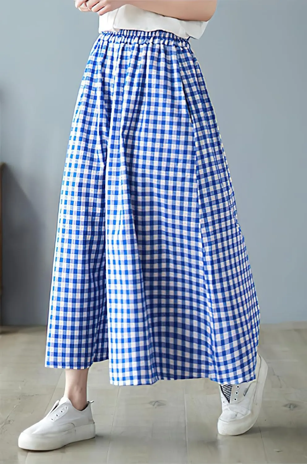 chouyatou Women's Summer Casual Cotton Linen Pants Culottes Plaid Gingham Wide Leg Capri Palazzo Pants