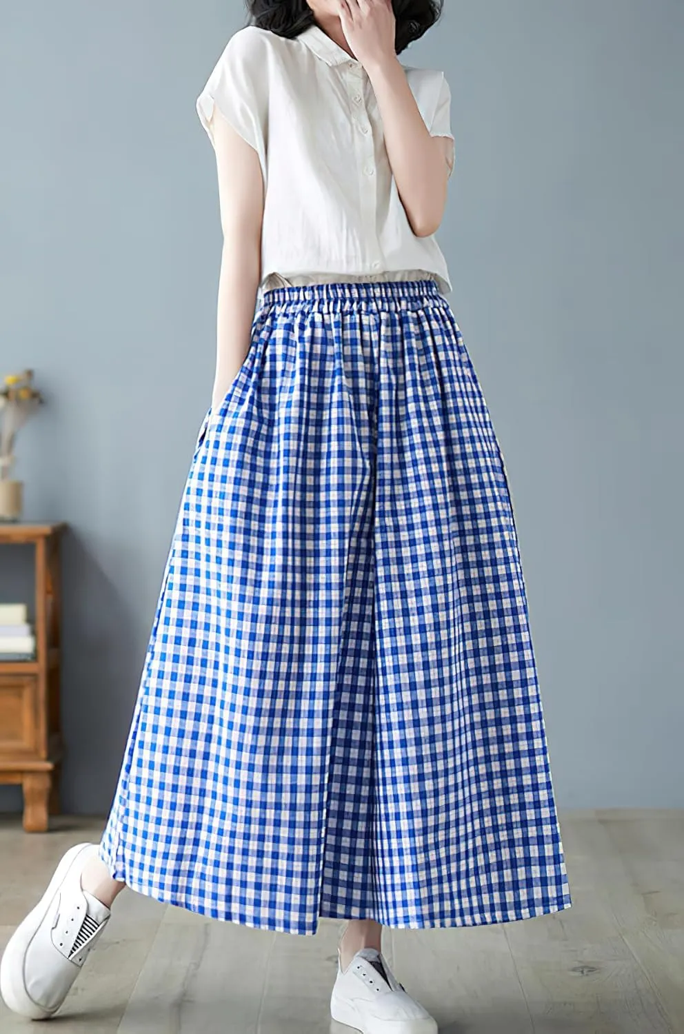 chouyatou Women's Summer Casual Cotton Linen Pants Culottes Plaid Gingham Wide Leg Capri Palazzo Pants