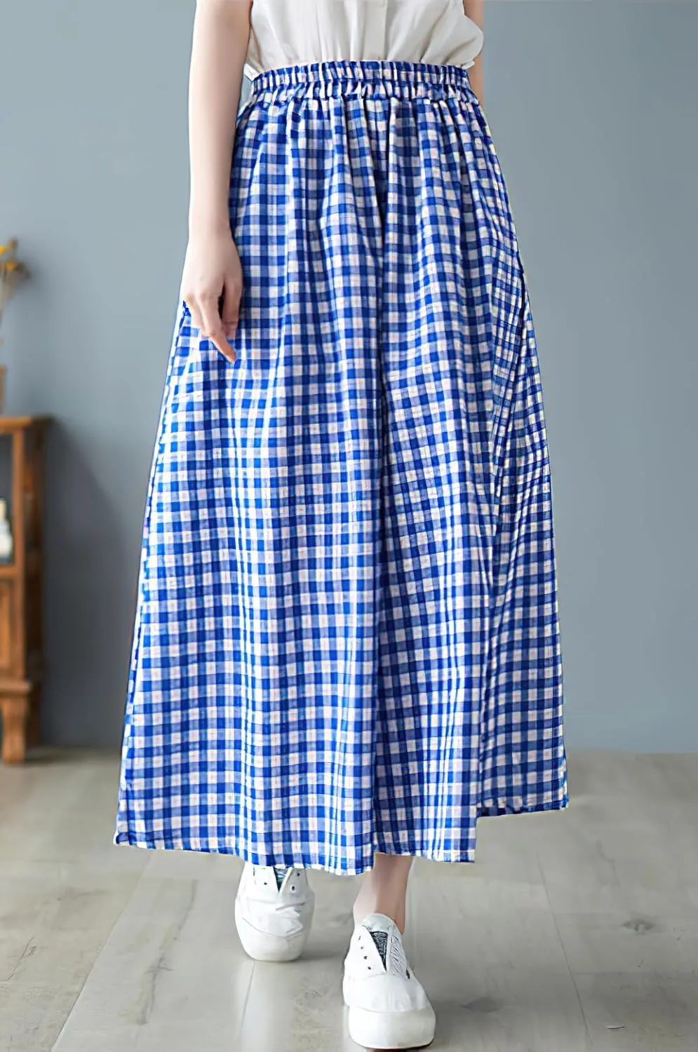 chouyatou Women's Summer Casual Cotton Linen Pants Culottes Plaid Gingham Wide Leg Capri Palazzo Pants