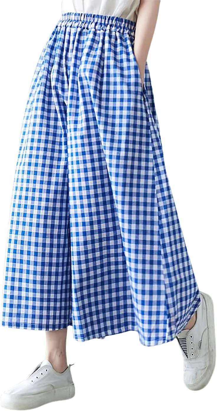 chouyatou Women's Summer Casual Cotton Linen Pants Culottes Plaid Gingham Wide Leg Capri Palazzo Pants