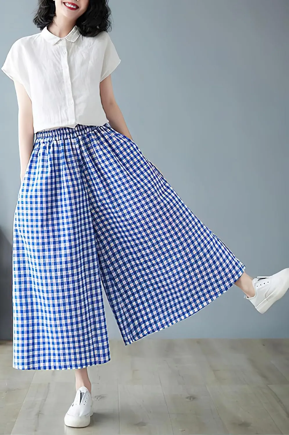 chouyatou Women's Summer Casual Cotton Linen Pants Culottes Plaid Gingham Wide Leg Capri Palazzo Pants