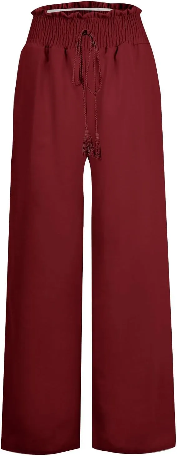 cooki Women Cotton Linen Casual Pants Drawstring Elastic High Waist Loose Comfy Straight Leg Pants with Pockets Workout Pants