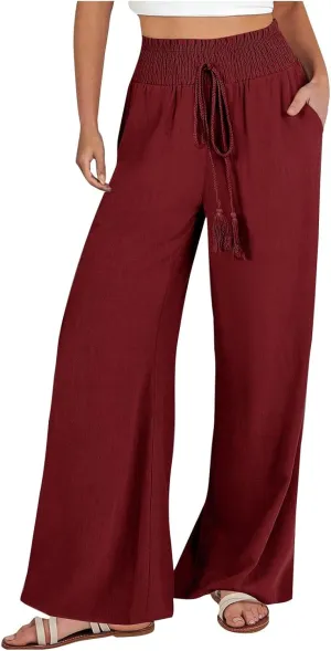 cooki Women Cotton Linen Casual Pants Drawstring Elastic High Waist Loose Comfy Straight Leg Pants with Pockets Workout Pants