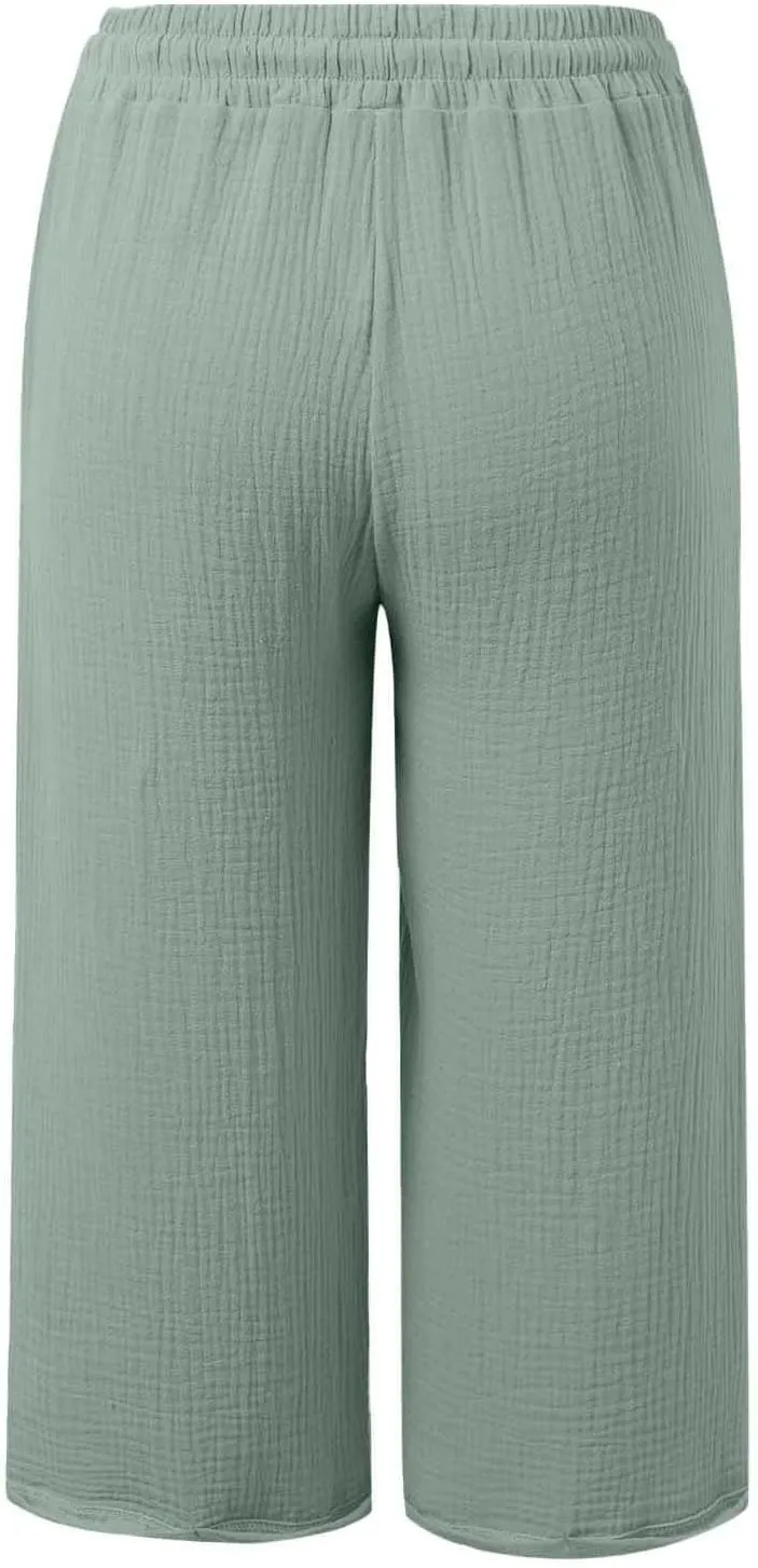 Cotton Linen Pants Women Drawstring High Waisted Lightweight Capri Trouser Summer Vacation Casual Beach Shorts Pocket
