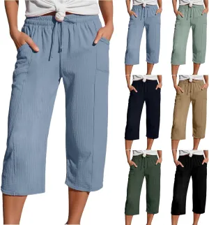 Cotton Linen Pants Women Drawstring High Waisted Lightweight Capri Trouser Summer Vacation Casual Beach Shorts Pocket