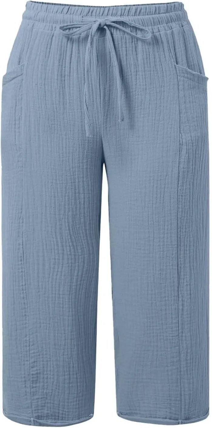 Cotton Linen Pants Women Drawstring High Waisted Lightweight Capri Trouser Summer Vacation Casual Beach Shorts Pocket