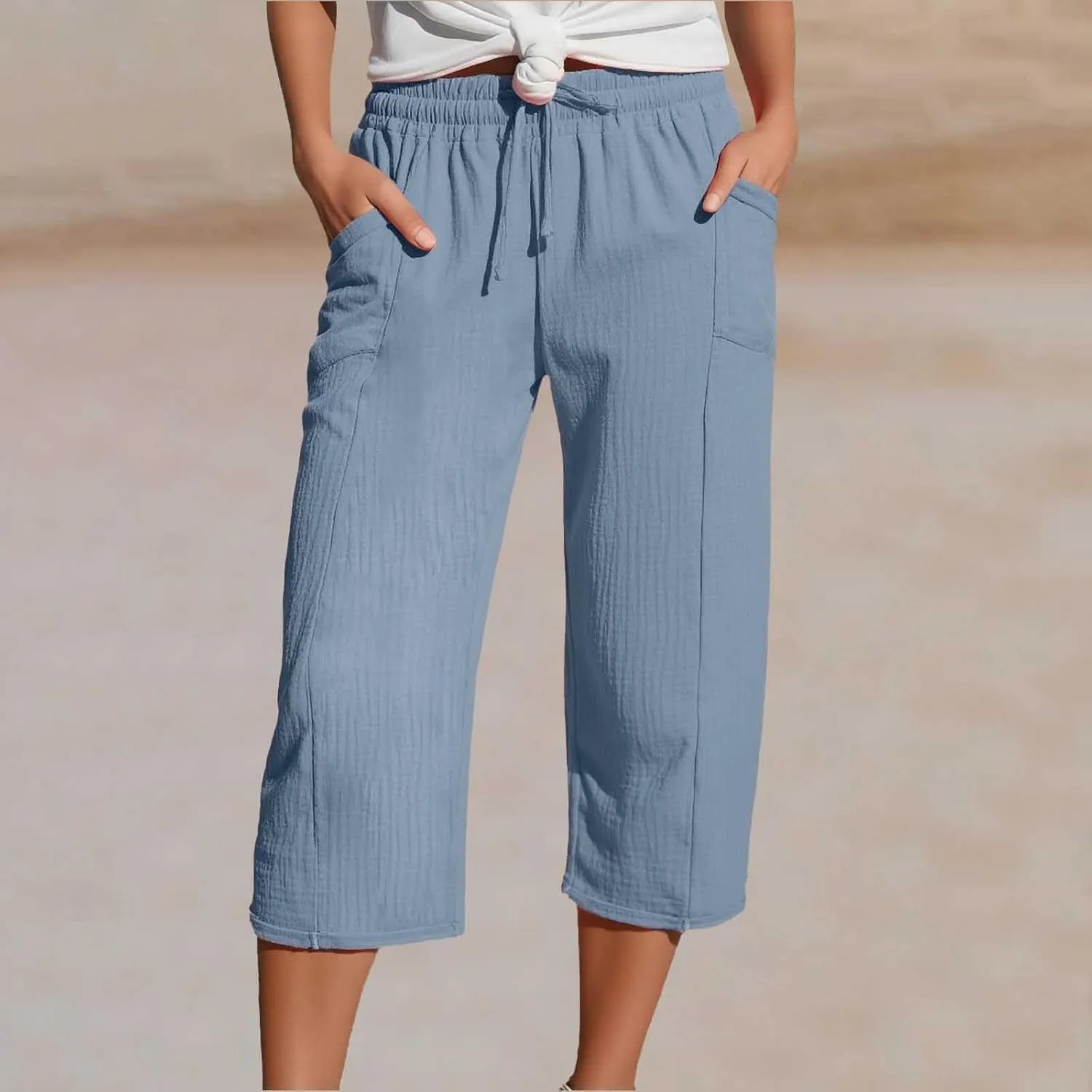 Cotton Linen Pants Women Drawstring High Waisted Lightweight Capri Trouser Summer Vacation Casual Beach Shorts Pocket