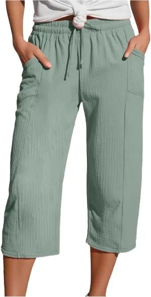 Cotton Linen Pants Women Drawstring High Waisted Lightweight Capri Trouser Summer Vacation Casual Beach Shorts Pocket