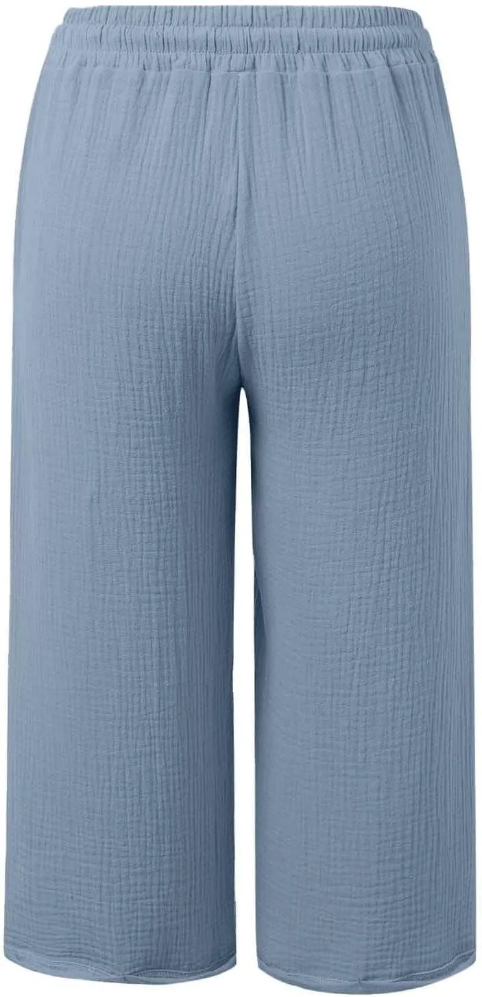 Cotton Linen Pants Women Drawstring High Waisted Lightweight Capri Trouser Summer Vacation Casual Beach Shorts Pocket