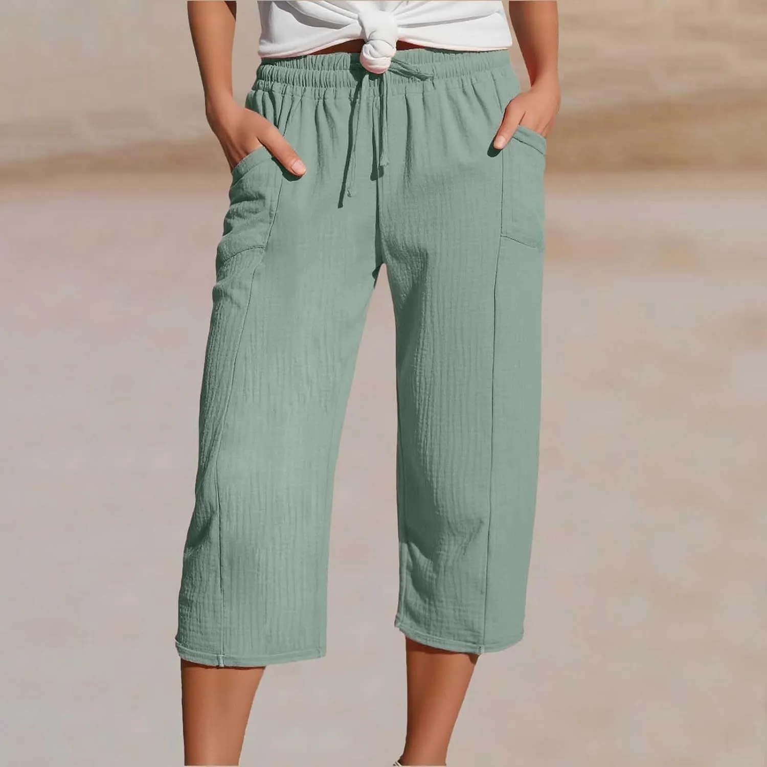 Cotton Linen Pants Women Drawstring High Waisted Lightweight Capri Trouser Summer Vacation Casual Beach Shorts Pocket