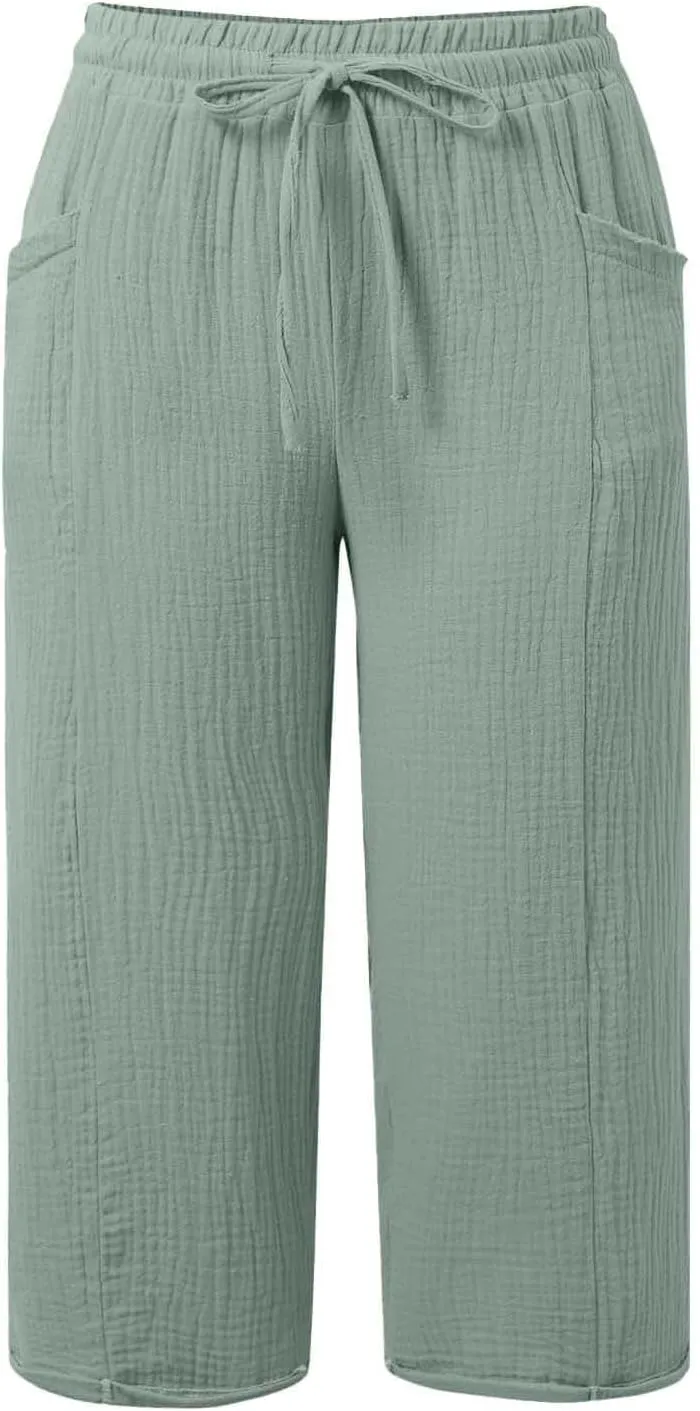 Cotton Linen Pants Women Drawstring High Waisted Lightweight Capri Trouser Summer Vacation Casual Beach Shorts Pocket