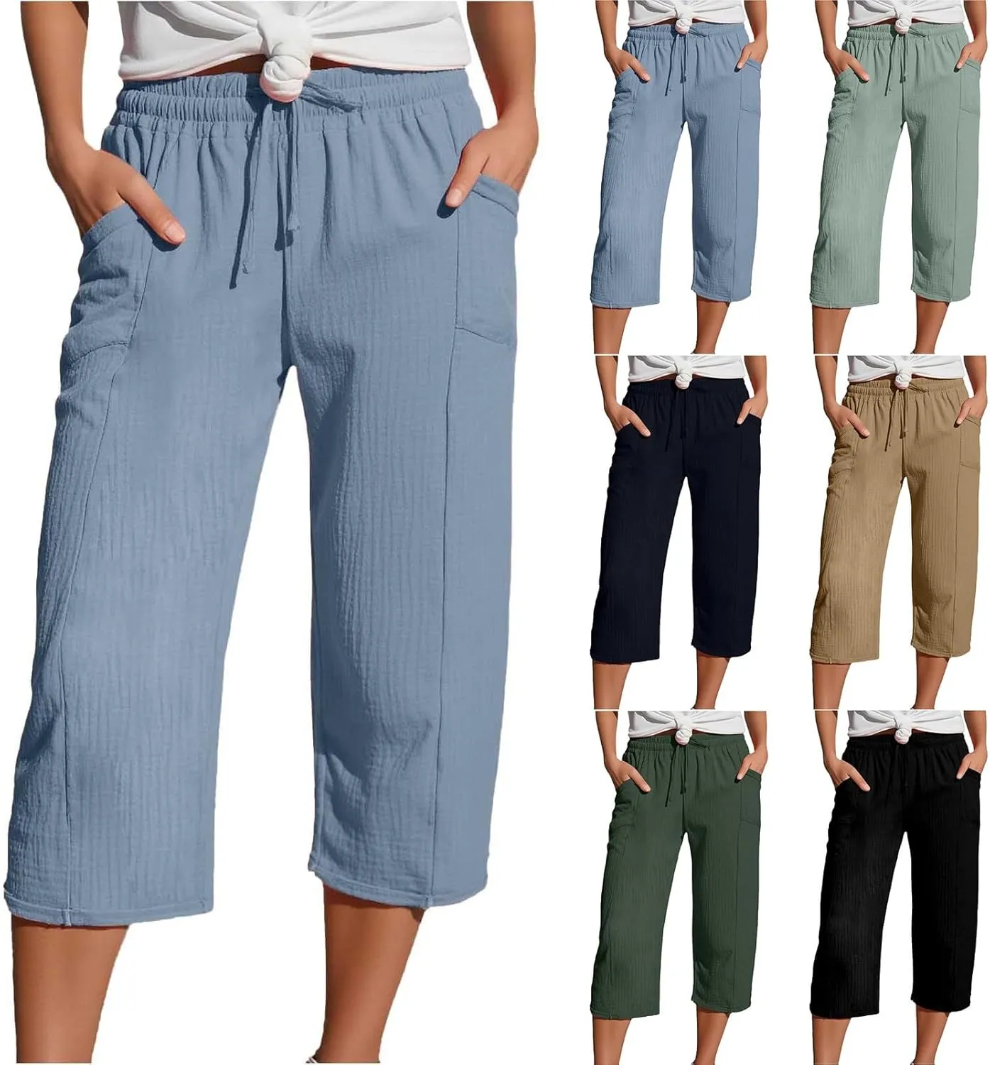 Cotton Linen Pants Women Drawstring High Waisted Lightweight Capri Trouser Summer Vacation Casual Beach Shorts Pocket