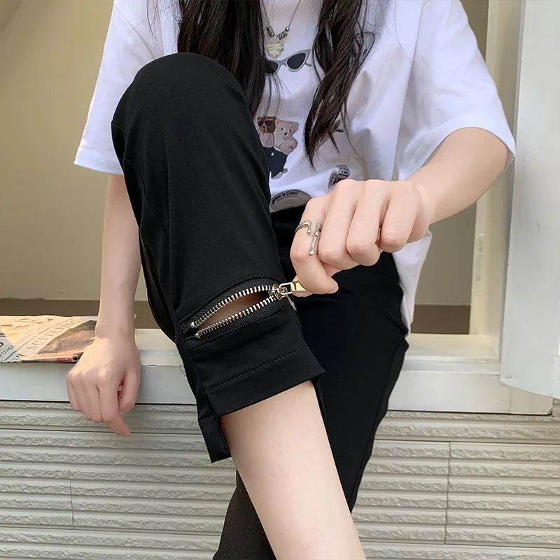 Elasticity Versatile Irregular High-Waisted Zipper Cropped Pants