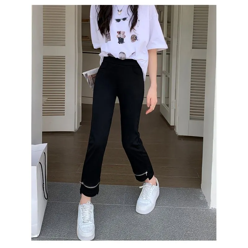 Elasticity Versatile Irregular High-Waisted Zipper Cropped Pants