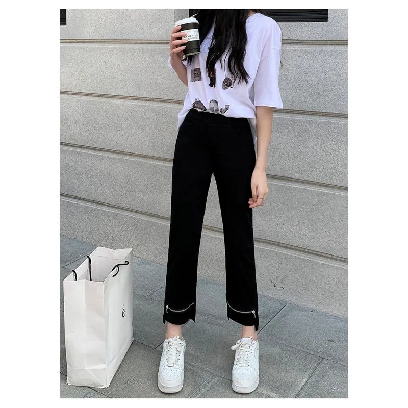 Elasticity Versatile Irregular High-Waisted Zipper Cropped Pants