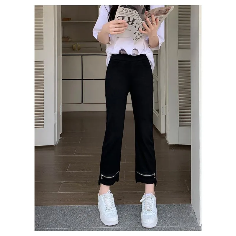 Elasticity Versatile Irregular High-Waisted Zipper Cropped Pants