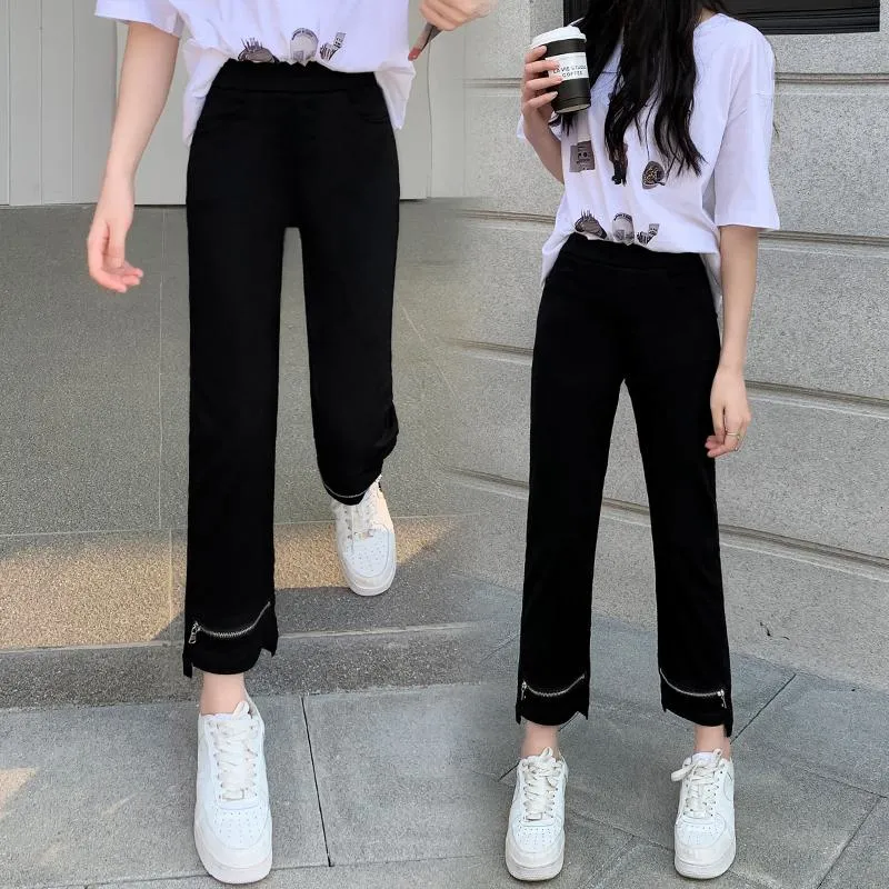 Elasticity Versatile Irregular High-Waisted Zipper Cropped Pants