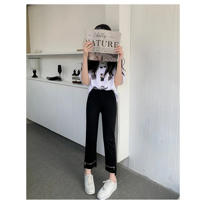 Elasticity Versatile Irregular High-Waisted Zipper Cropped Pants