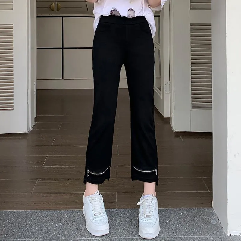 Elasticity Versatile Irregular High-Waisted Zipper Cropped Pants
