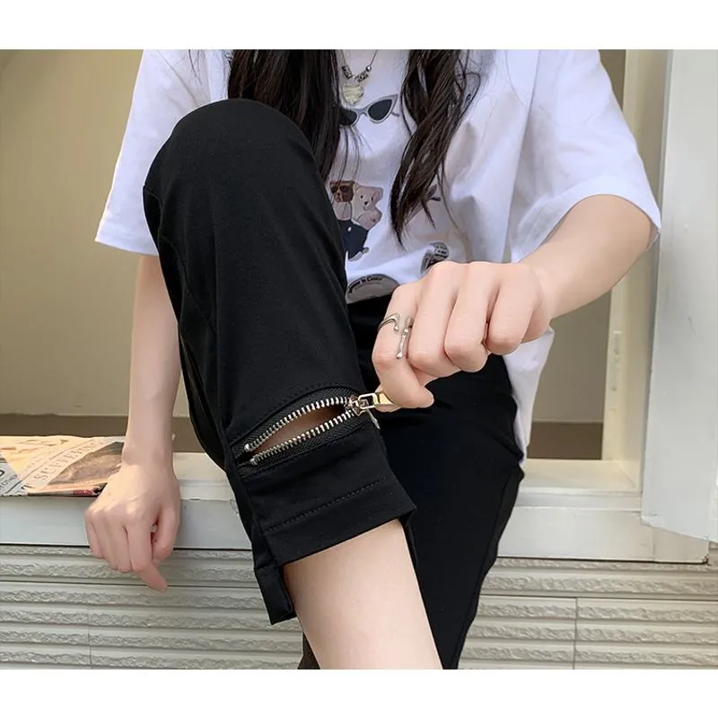 Elasticity Versatile Irregular High-Waisted Zipper Cropped Pants