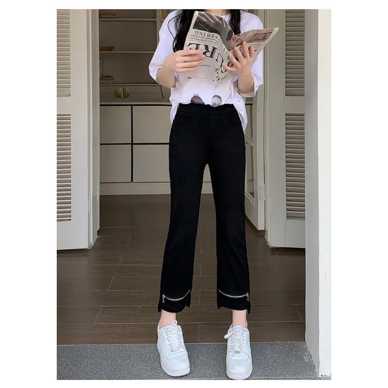 Elasticity Versatile Irregular High-Waisted Zipper Cropped Pants