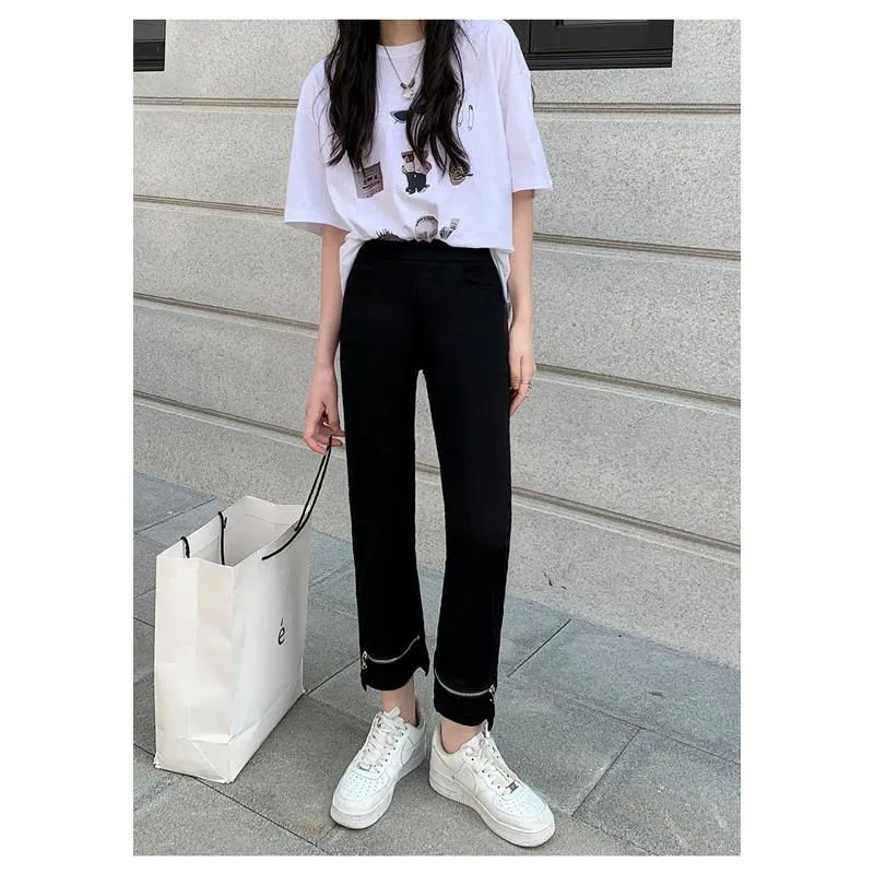 Elasticity Versatile Irregular High-Waisted Zipper Cropped Pants