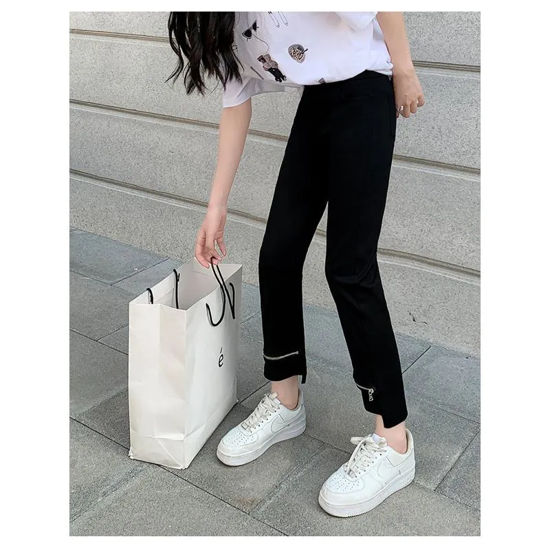 Elasticity Versatile Irregular High-Waisted Zipper Cropped Pants