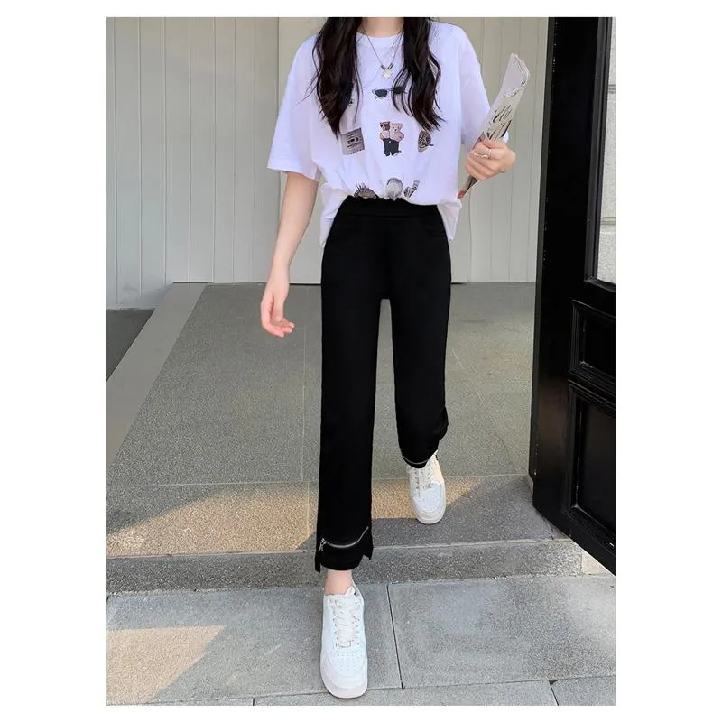 Elasticity Versatile Irregular High-Waisted Zipper Cropped Pants