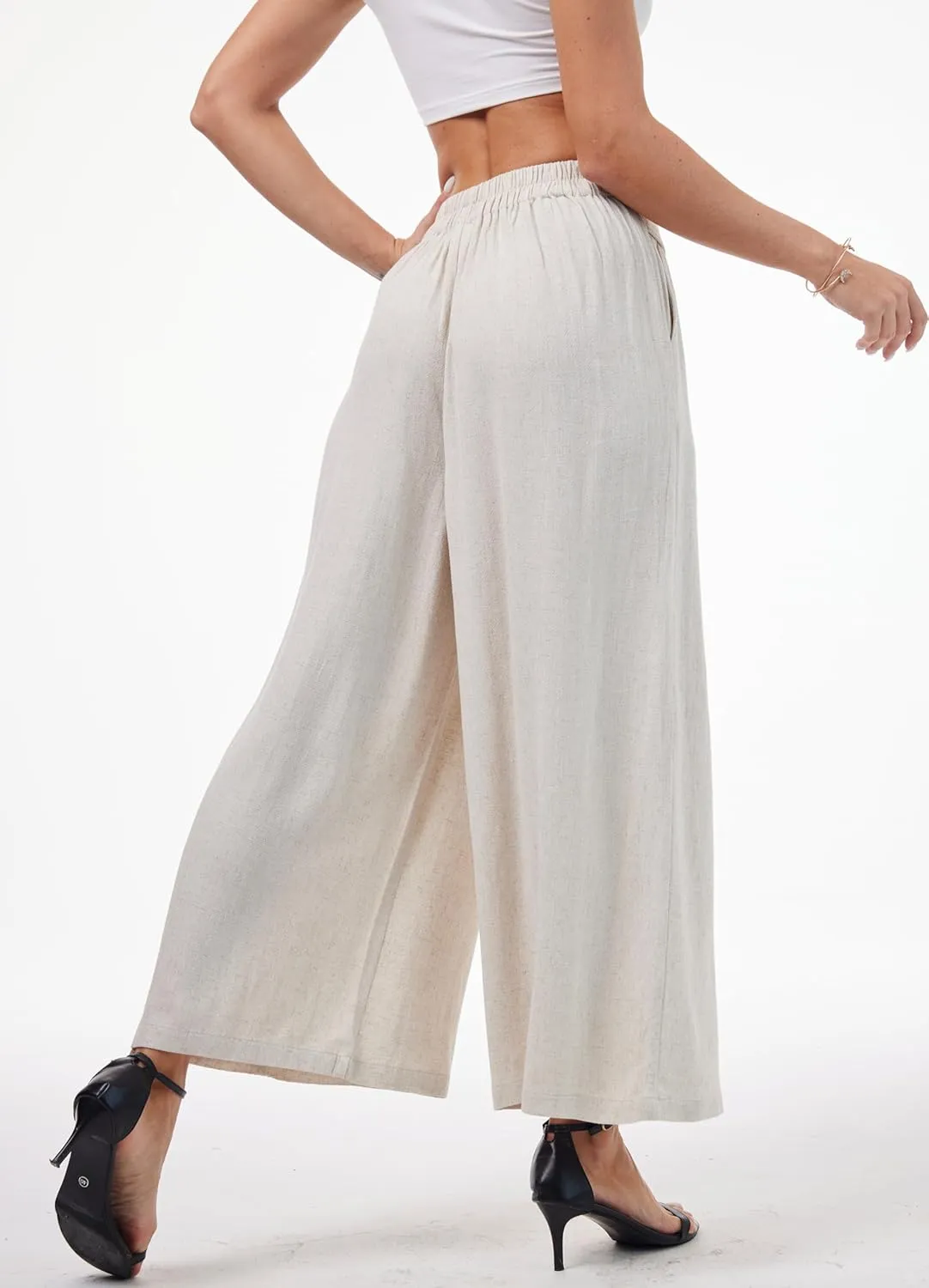heipeiwa Women' s Culottes Linen Pants Summer Casual Flowy Beach Cotton Linen Wide Leg Palazzo Pants
