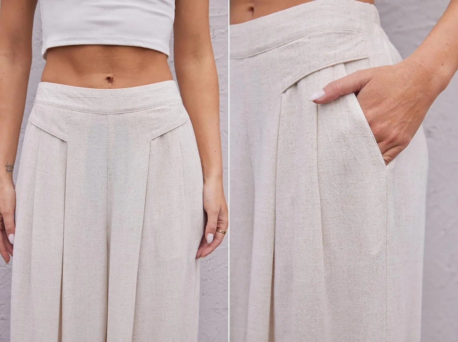 heipeiwa Women' s Culottes Linen Pants Summer Casual Flowy Beach Cotton Linen Wide Leg Palazzo Pants