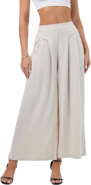 heipeiwa Women' s Culottes Linen Pants Summer Casual Flowy Beach Cotton Linen Wide Leg Palazzo Pants