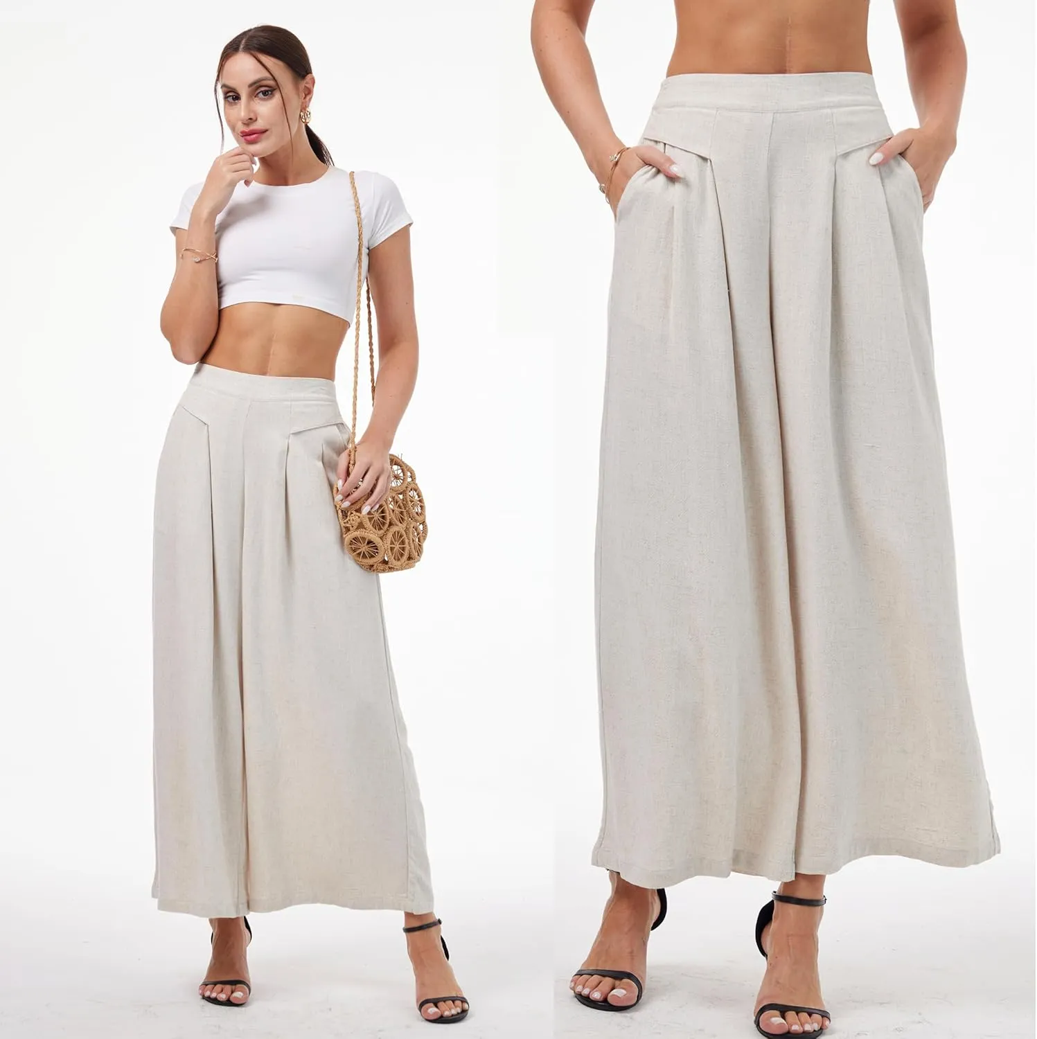 heipeiwa Women' s Culottes Linen Pants Summer Casual Flowy Beach Cotton Linen Wide Leg Palazzo Pants