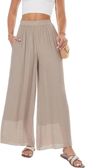 heipeiwa Women's Summer Linen Pants Double Layers Casual Wide Leg Palazzo Pants Beach Dress Loose Linen Culottes Pant