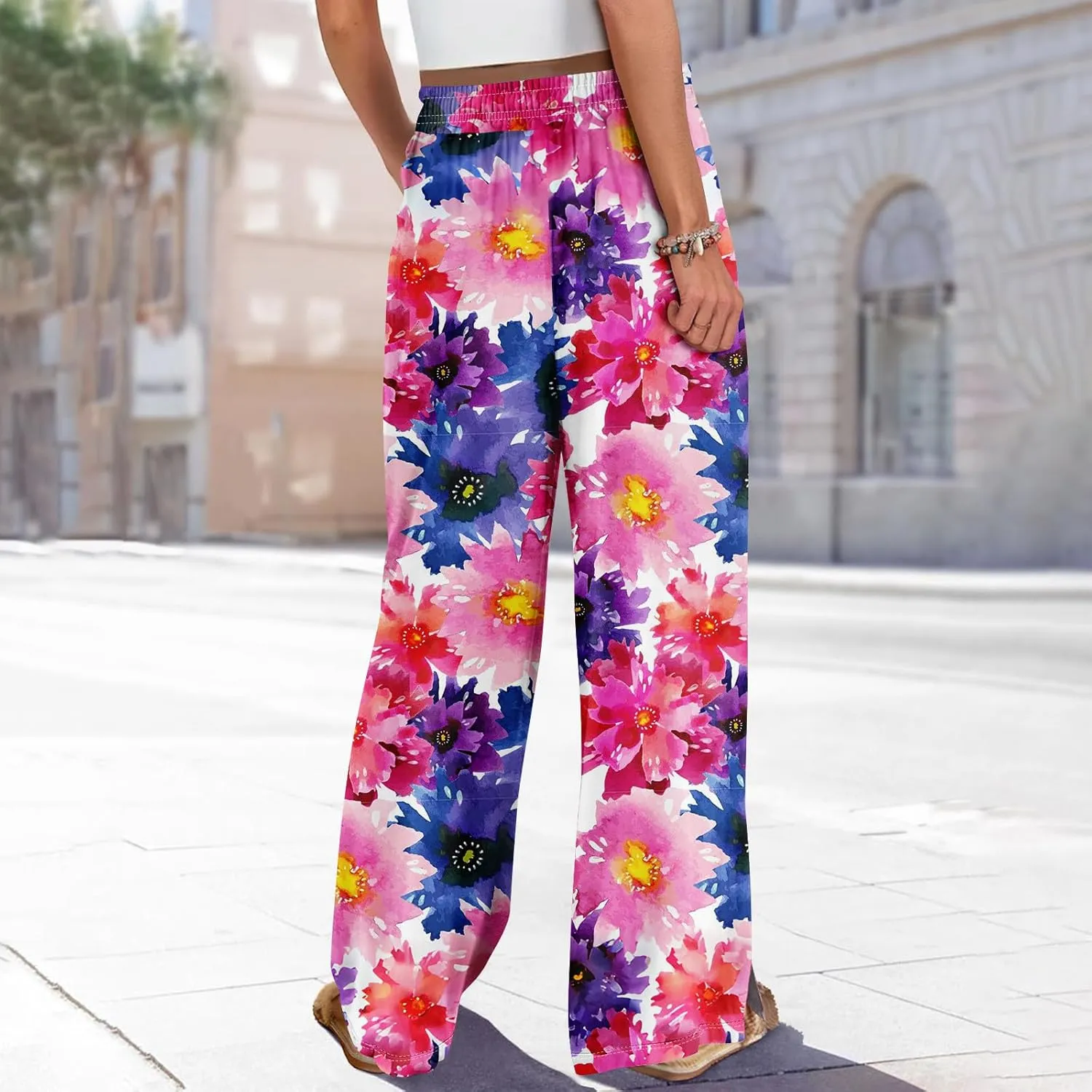 High Waisted Dress Pants for Women Workout Pants Wide Leg Summer Boho Casual Cotton Lounge Trousers with Pockets