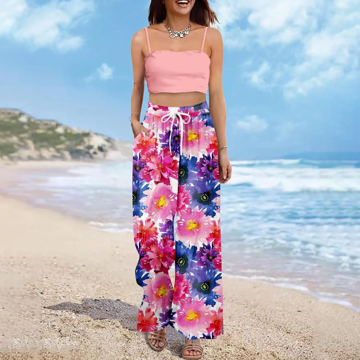 High Waisted Dress Pants for Women Workout Pants Wide Leg Summer Boho Casual Cotton Lounge Trousers with Pockets