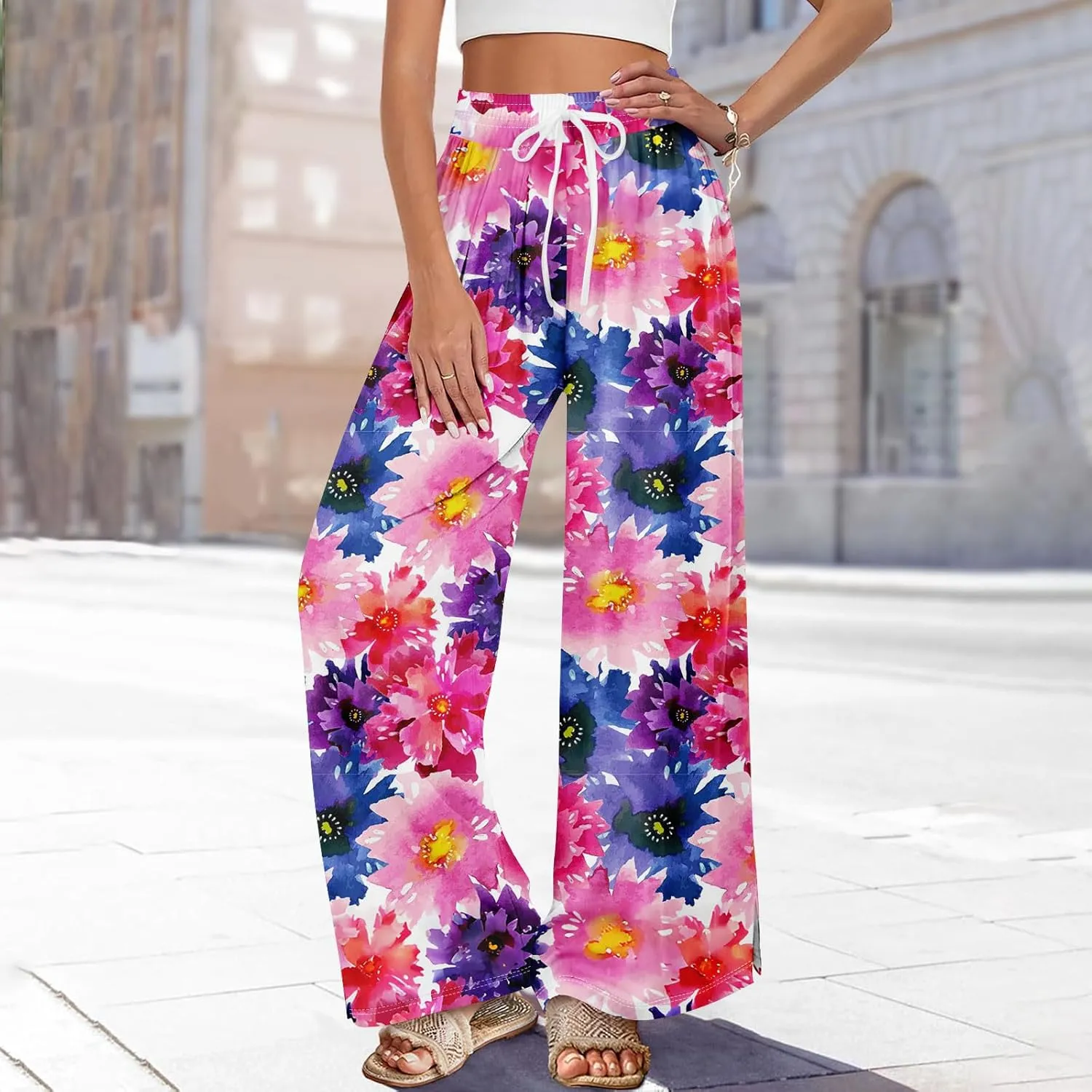 High Waisted Dress Pants for Women Workout Pants Wide Leg Summer Boho Casual Cotton Lounge Trousers with Pockets