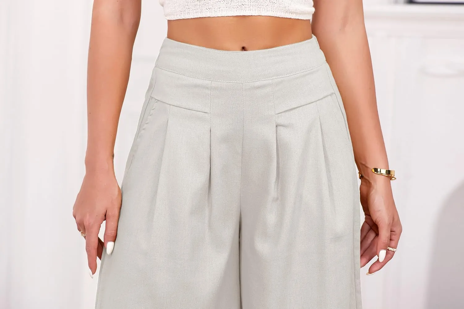 IDEALSANXUN Womens Cotton Linen Palazzo Pants Casual Wide Leg Culottes Trousers Capri Pant
