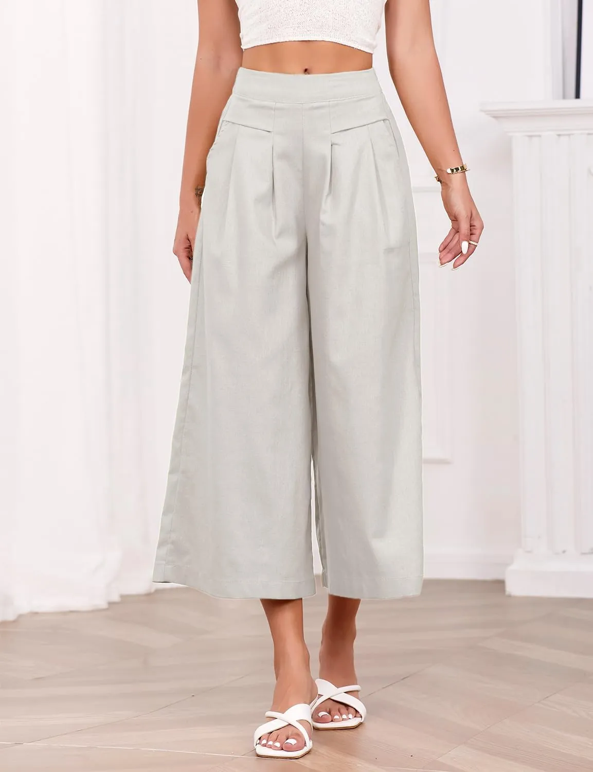 IDEALSANXUN Womens Cotton Linen Palazzo Pants Casual Wide Leg Culottes Trousers Capri Pant